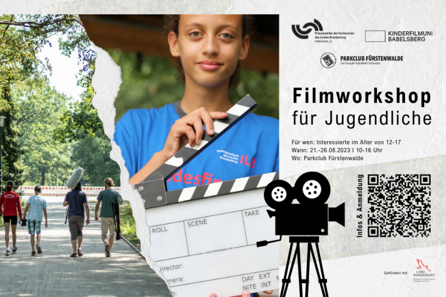Werbeflyer zum Filmworkshop mit einer Collage aus zwei Fotos: Foto eins zeigt ein Mädchen mit einer Filmklappe in der Hand. Foto zwei zeigt drei Jugendliche und einen Studierenden mit Filmequipment im Park